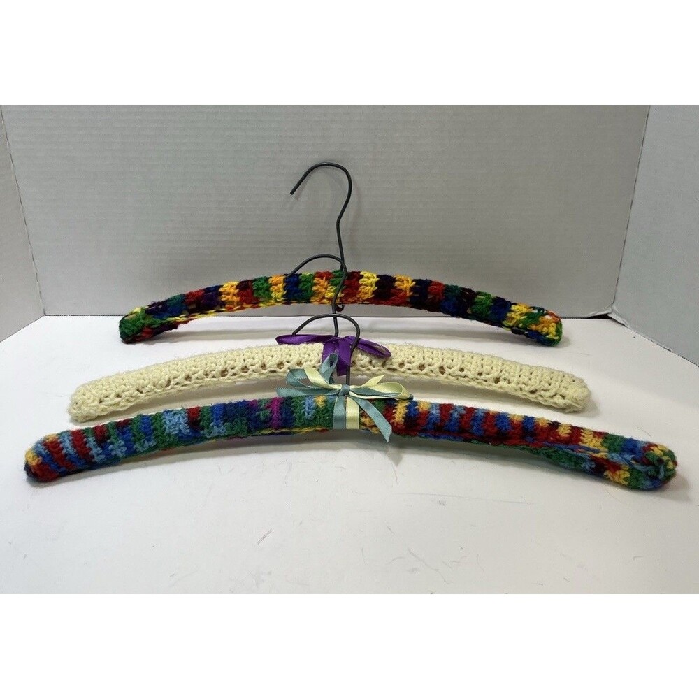 Antique Vintage Finely Crocheted Wood Hangers Multicolor Yellow Set Of 3